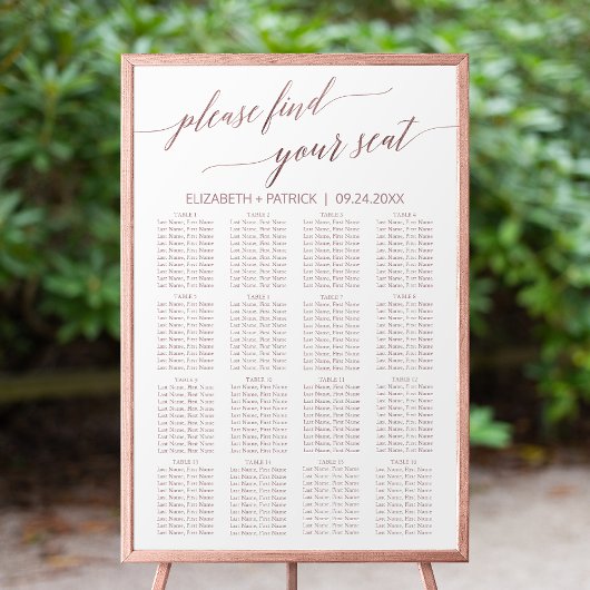 Elegante Rose Gold Calligraphy Seating Chart Poster