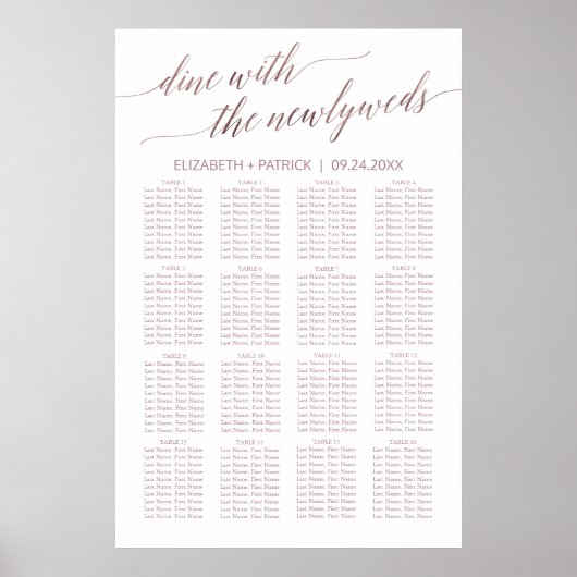 Elegante Rose Gold Calligraphy Seating Chart Poster (Vorne)