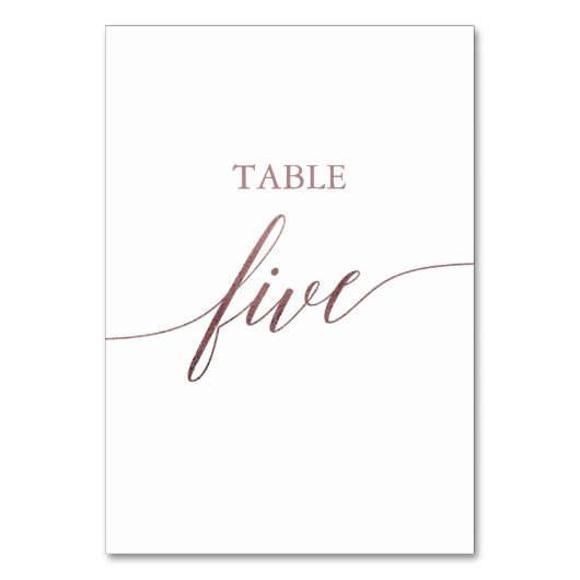 Elegante Rose Gold Calligraphy Table Five Tischnummer (Rückseite)