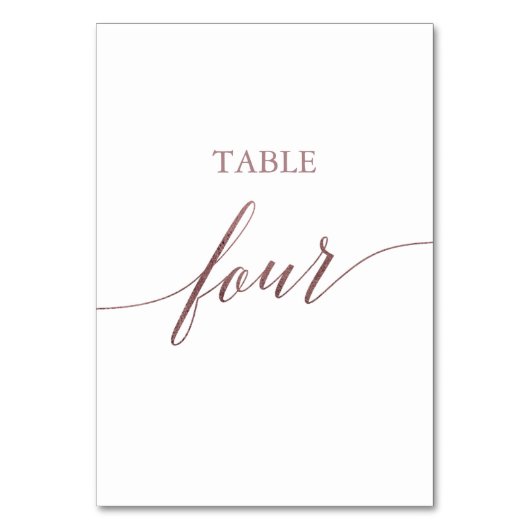 Elegante Rose Gold Calligraphy Table Four Tischnummer (Vorderseite)