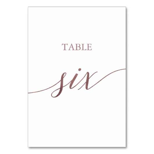 Elegante Rose Gold Calligraphy Table Six Tischnummer (Rückseite)
