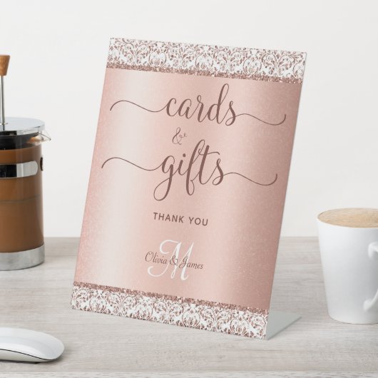 Elegante Rose Gold Calligraphy Wedding Cards Gesch Sockelschild (In SItu)