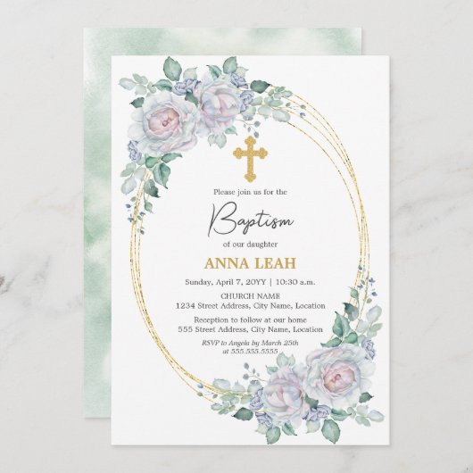 Elegante Rose Gold Cross Taufen Einladung (Vorne/Hinten)