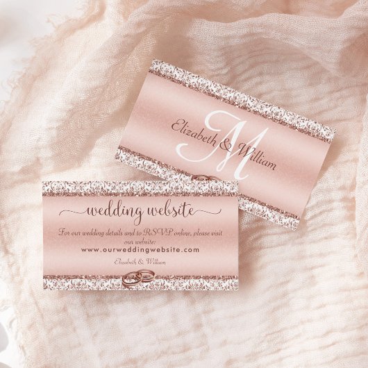 Elegante Rose Gold Damask Monogram Wedding Website Begleitkarte