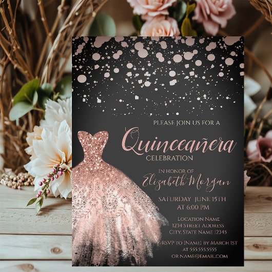 Elegante Rose Gold Dots, Kleid Quinceañera Einladung