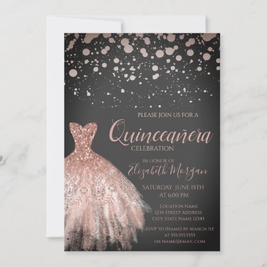 Elegante Rose Gold Dots, Kleid Quinceañera Einladung (Vorderseite)