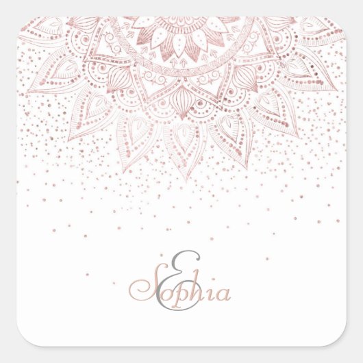 Elegante Rose Gold Dots Mandala Quadratischer Aufkleber (Vorderseite)