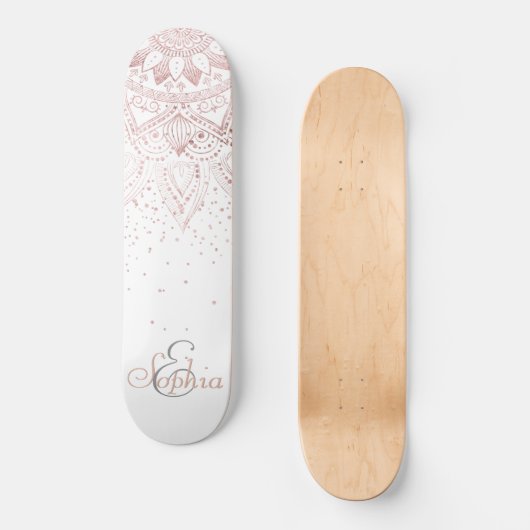 Elegante Rose Gold Dots Mandala Skateboard (Vorderseite)