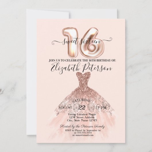 Elegante Rose Gold Dress Confetti Creme Sweet 16 Einladung (Vorderseite)