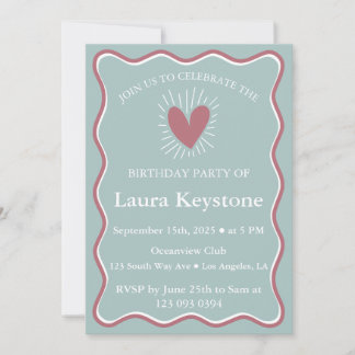 Elegante Rose Gold, Dusty Blue & White Wavy Border Einladung