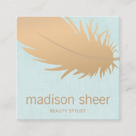 Elegante Rose Gold Feather Türkis Blauer Linen Quadratische Visitenkarte
