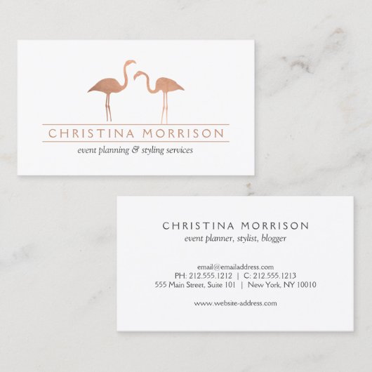Elegante Rose Gold Flamingos Event Planner Weiß Visitenkarte (Vorne/Hinten)