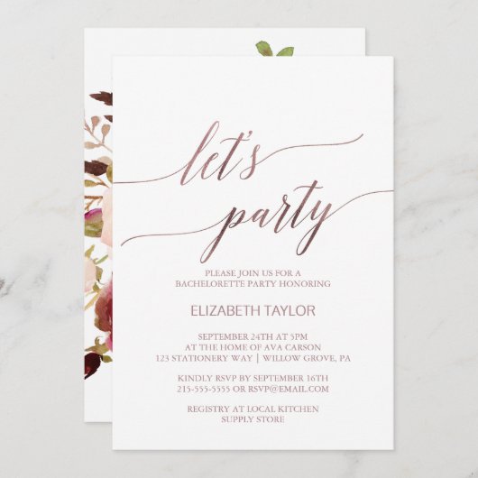 Elegante Rose Gold | Floral Back Let's Party Einladung (Vorne/Hinten)