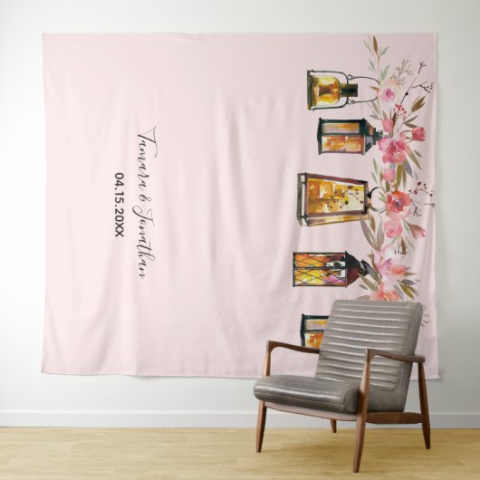 Elegante Rose Gold Floral Foto Hintergrund Hochzei Wandteppich (Beispiel (Horizontal))