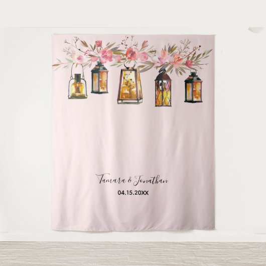 Elegante Rose Gold Floral Foto Hintergrund Hochzei Wandteppich (Vorderseite)