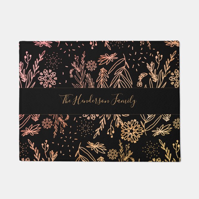 Elegante Rose Gold Floral Muster Signatur Fußmatte (Vorderseite)