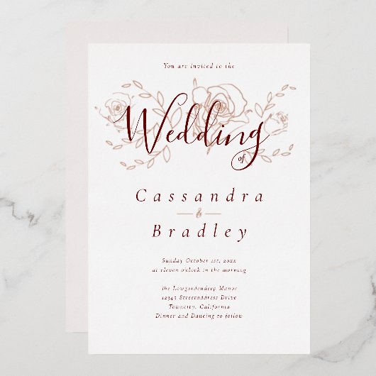 Elegante Rose Gold Floral Pink Burgund Hochzeit Folieneinladung (Vorderseite/Rückseite)
