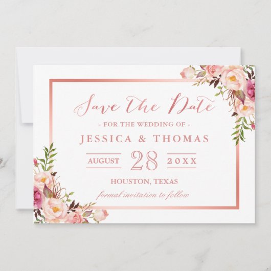 Elegante Rose Gold Floral Wedding Save the Date (Vorderseite)