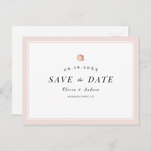 Elegante Rose Gold florale minimalistisch Save the Ankündigungspostkarte (Vorne/Hinten)