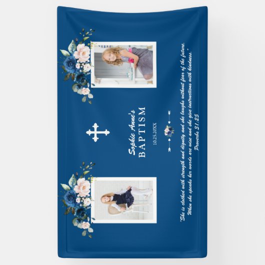 Elegante Rose Gold Florale Taufe Girl Foto Banner (Vertikal)