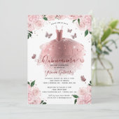 Elegante Rose Gold FloralQuinceñera Kleid Einladung (Stehend Vorderseite)