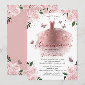 Elegante Rose Gold FloralQuinceñera Kleid Einladung (Vorne/Hinten)