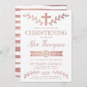 Elegante Rose Gold Foil Cross & Foliage Christenin Einladung