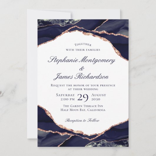 Elegante Rose Gold Foil Navy Blue Agate Hochzeit Einladung (Vorderseite)