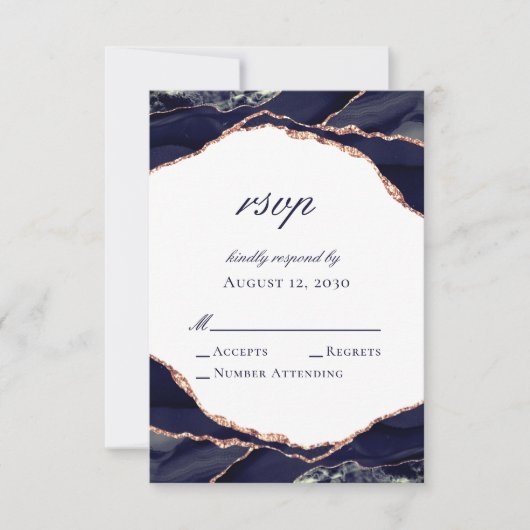 Elegante Rose Gold Foil Navy Blue Agate Hochzeit RSVP Karte (Vorderseite)