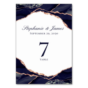 Elegante Rose Gold Foil Navy Blue Agate Hochzeit Tischnummer