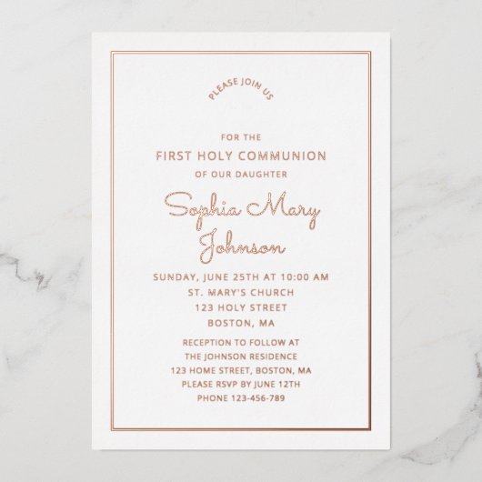 Elegante Rose Gold Foil Script Rosa Erste Kommune Folieneinladung (Vorderseite)