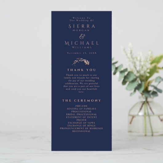 Elegante Rose Gold Foliage Navy Blue Wedding Programm (Stehend Vorderseite)