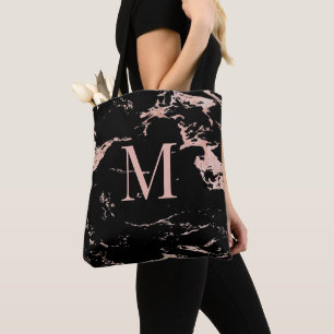 Elegante Rose Gold Folie Schwarz Marmor Monogramm Tasche