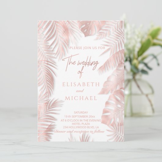 Elegante Rose Gold-Folie tropische Blätter romanti Einladung (Stehend Vorderseite)