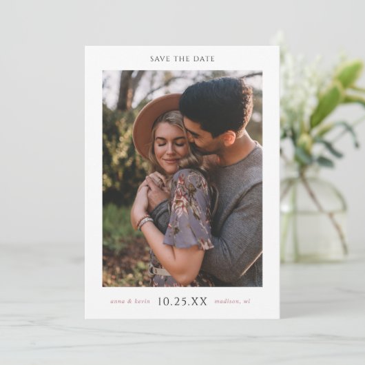 Elegante Rose Gold Foto Save the Date Hochzeitskar (Stehend Vorderseite)