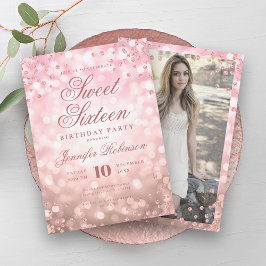 Elegante Rose Gold Glam Lights Foto Sweet 16 Einladung