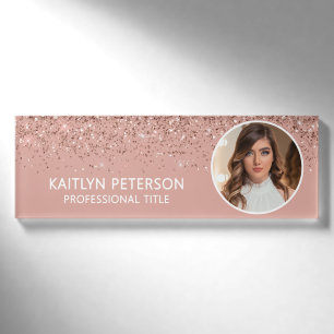 Elegante Rose Gold Glitter Mitarbeiter Foto ID Namenschild