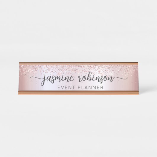 Elegante Rose Gold Glitzer Beruflich Monogram Schreibtischnamensplakette (Vorderseite )