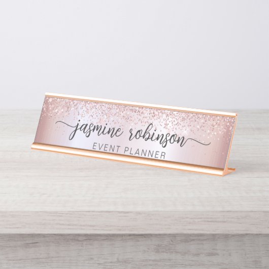 Elegante Rose Gold Glitzer Beruflich Monogram Schreibtischnamensplakette (Vorderseite )