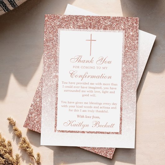 Elegante Rose Gold Glitzer Bestätigung oder Taufe Dankeskarte