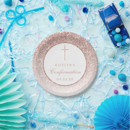 Elegante Rose Gold Glitzer Bestätigung oder Taufe Pappteller (Party)