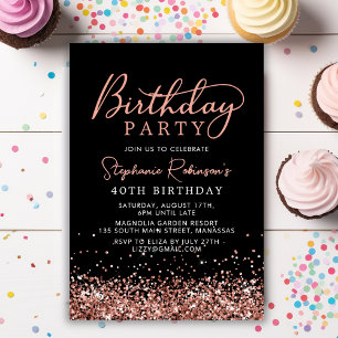 Elegante Rose Gold Glitzer Black 40. Geburtstag Einladung