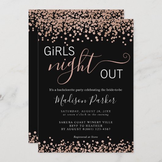 Elegante Rose Gold Glitzer Black Bachelorette Einladung (Vorne/Hinten)