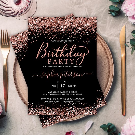 Elegante Rose Gold Glitzer Black jedes Alter Gebur Einladung