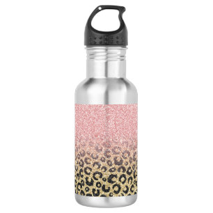 Elegante Rose Gold Glitzer Black Leopard Print Edelstahlflasche