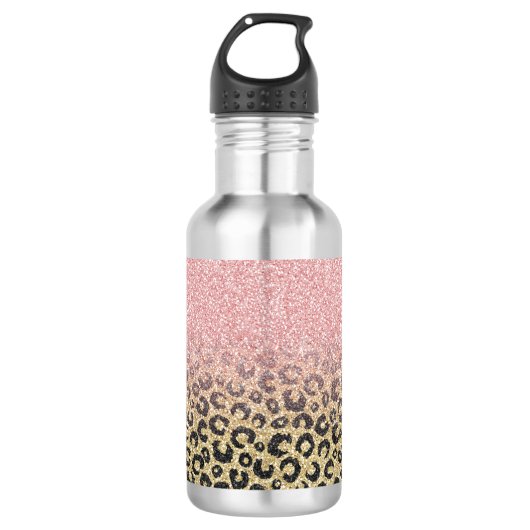 Elegante Rose Gold Glitzer Black Leopard Print Edelstahlflasche (Vorderseite)