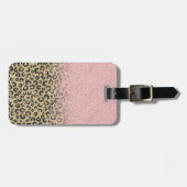 Elegante Rose Gold Glitzer Black Leopard Print Gepäckanhänger (Vorderseite horizontal)