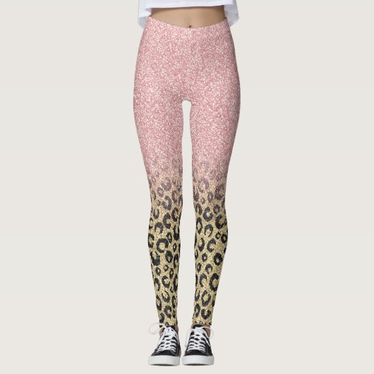 Elegante Rose Gold Glitzer Black Leopard Print Leggings (Vorderseite)
