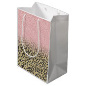 Elegante Rose Gold Glitzer Black Leopard Print Mittlere Geschenktüte (Rückseite Schrägansicht)