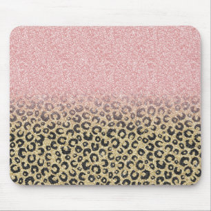 Elegante Rose Gold Glitzer Black Leopard Print Mousepad